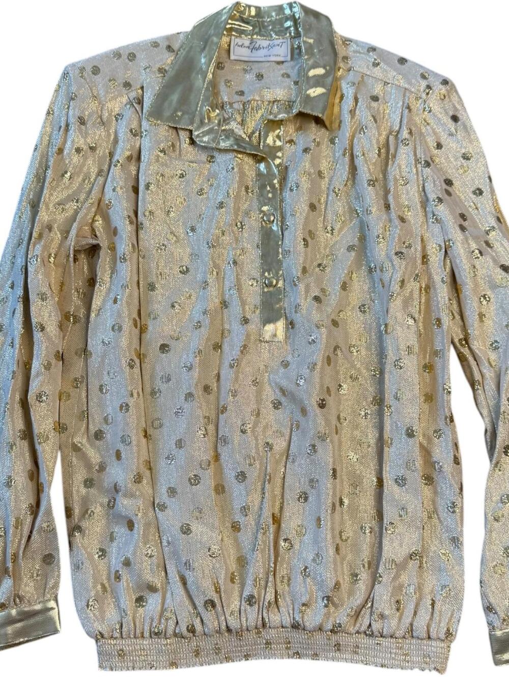 Vintage Helen Fabrikant Gold Metallic Sheer Polka Dot Blouse 70s Glam Top